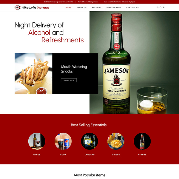 Night delivery service website design featuring alcohol, refreshments