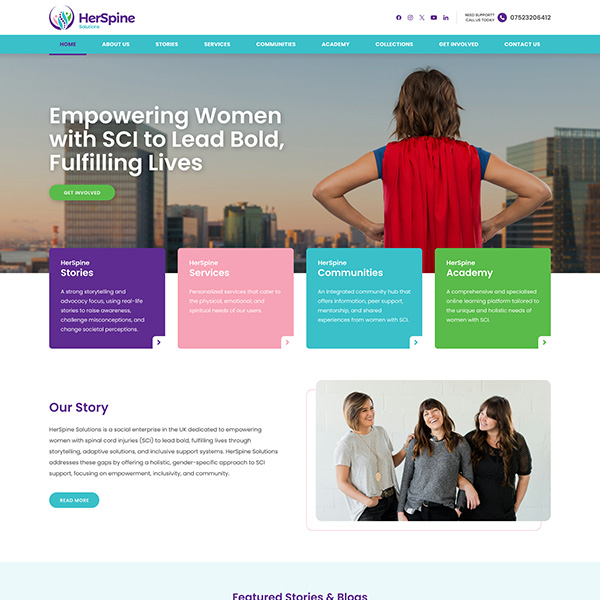 Women empowerment solutions website design featuring diverse women, supportive communities, and empowerment initiatives