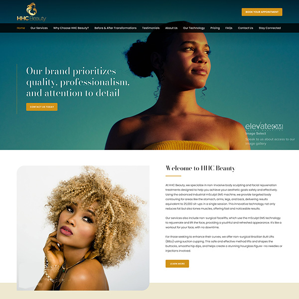 Beauty services website design showcasing salon professionals and a range of cosmetic treatments