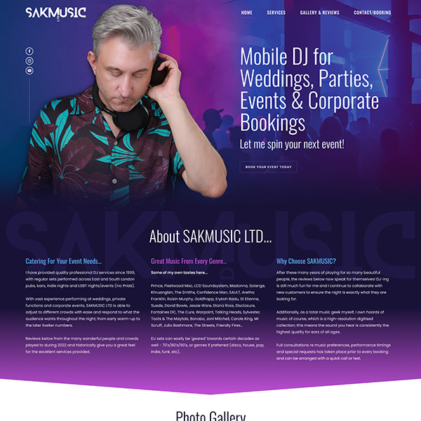Mobile DJ and event party booking website design featuring DJ equipment, party scenes, and live entertainment