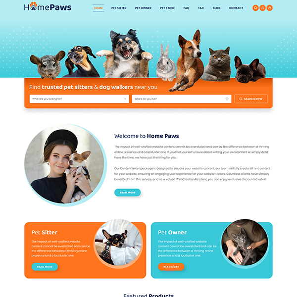 Pet sitters and dog walkers website design featuring happy pets, dog walking, and caring pet sitters