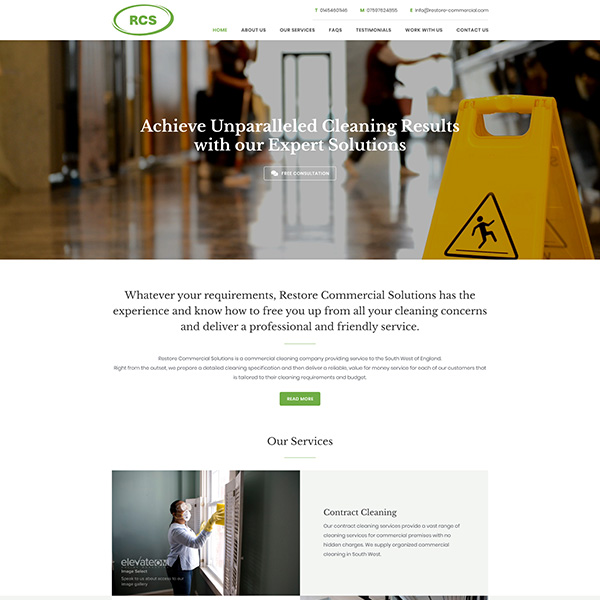Restoration and cleaning solutions website design featuring professionals, restoration equipment, and cleaned interiors