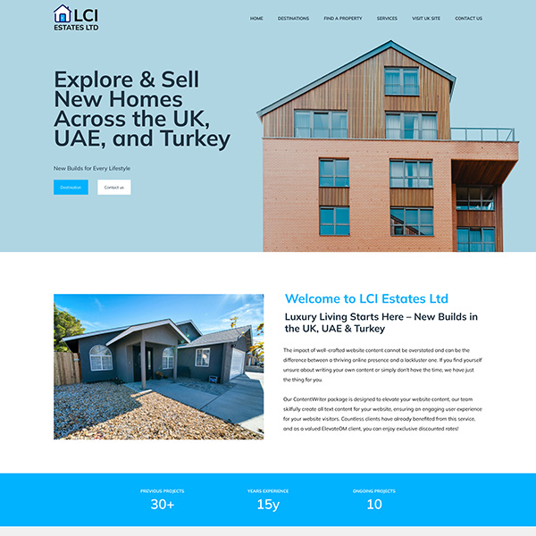 LCI Estates website design showcasing modern new build homes and real estate developments