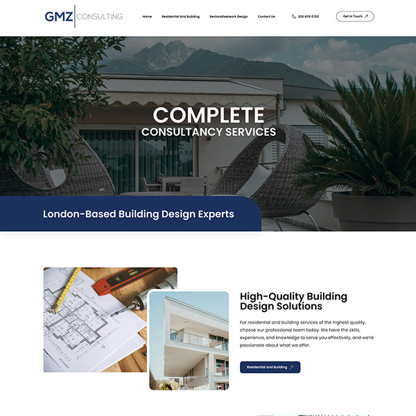 Building design consultancy website design featuring architectural plans, consultants, and modern building visuals