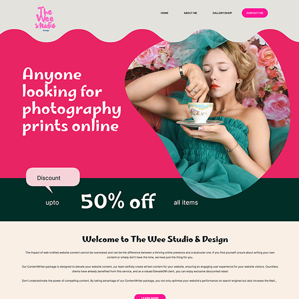 Online photography prints studio website design showcasing art prints, framed photographs, and gallery layouts