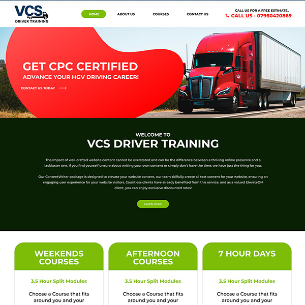 Driver training courses website design featuring instructors, vehicles, and practical driving lessons