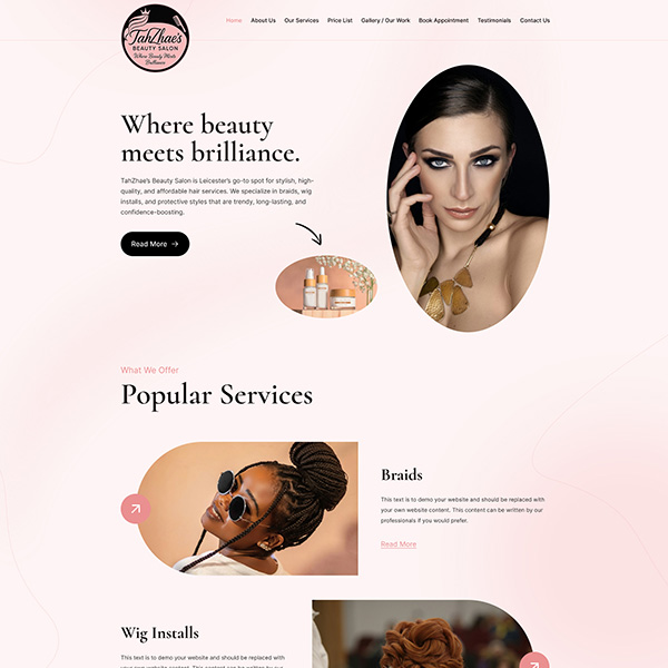 Beauty salon website design showcasing modern salon interiors and beauty services