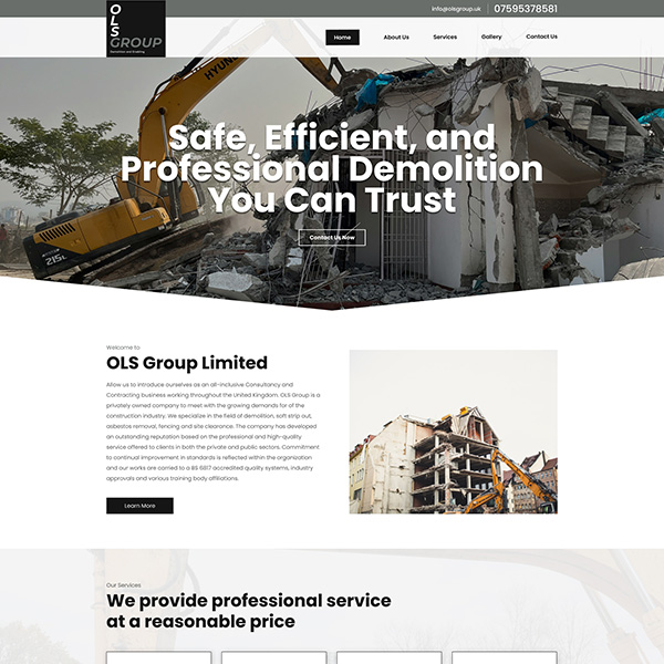 Demolition company website design featuring cranes and building deconstruction in progress