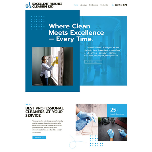 Professional cleaning services website design featuring staff, cleaning equipment, and pristine interiors
