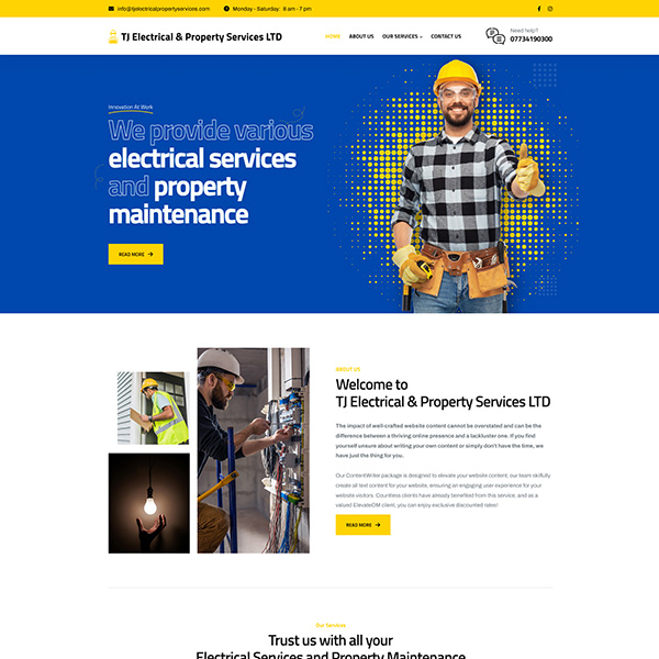 Professional electrical services website design featuring electricians at work and electrical equipment