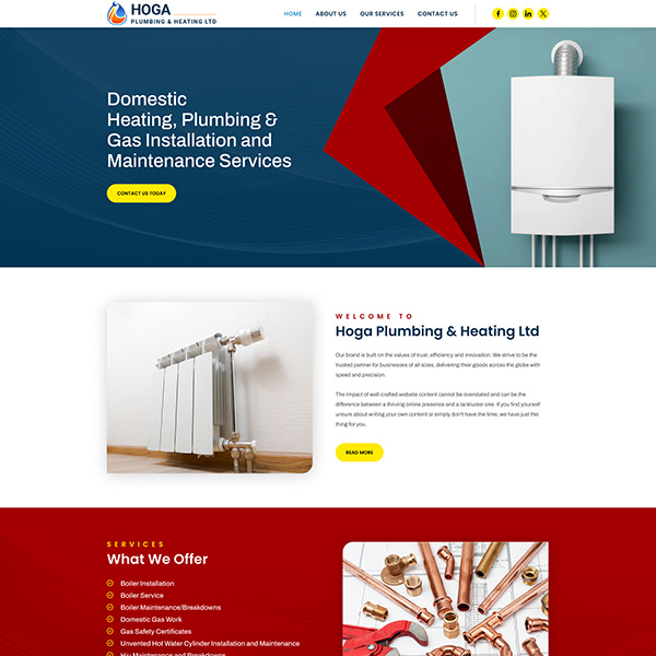 Professional plumbing and heating services website design featuring technicians, pipes, and heating systems